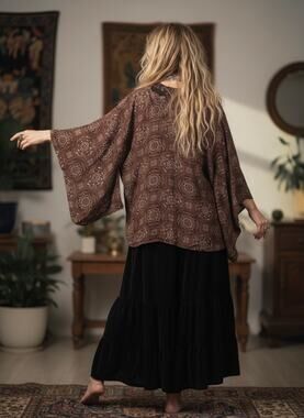 Brown Geometric Silk Kimono Jacket with Front Tie